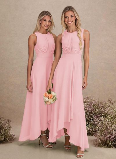 Scoop Neck A-Line Asymmetrical Length Chiffon Bridesmaid Dresses With Bow(s)