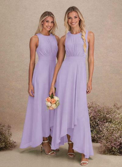 Scoop Neck A-Line Asymmetrical Length Chiffon Bridesmaid Dresses With Bow(s)