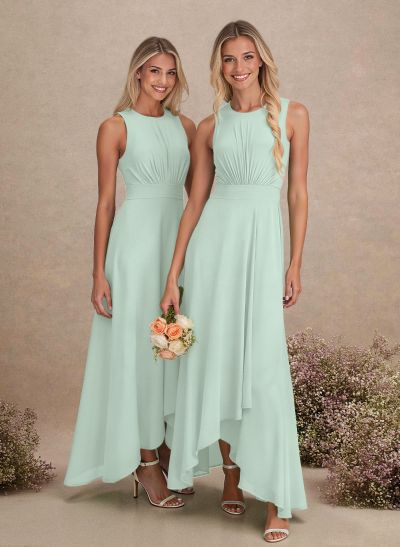 Scoop Neck A-Line Asymmetrical Length Chiffon Bridesmaid Dresses With Bow(s)