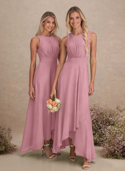 Scoop Neck A-Line Asymmetrical Length Chiffon Bridesmaid Dresses With Bow(s)