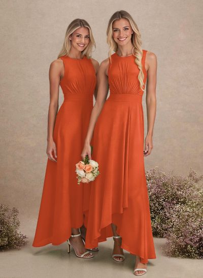 Scoop Neck A-Line Asymmetrical Length Chiffon Bridesmaid Dresses With Bow(s)