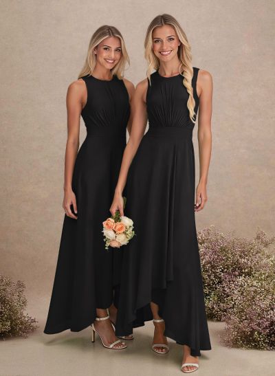Scoop Neck A-Line Asymmetrical Length Chiffon Bridesmaid Dresses With Bow(s)