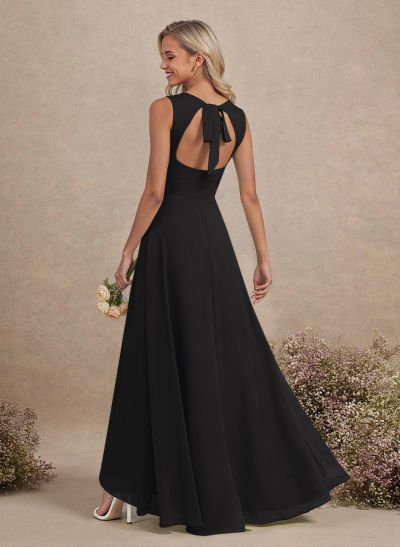 Scoop Neck A-Line Asymmetrical Length Chiffon Bridesmaid Dresses With Bow(s)