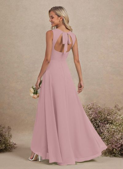 Scoop Neck A-Line Asymmetrical Length Chiffon Bridesmaid Dresses With Bow(s)