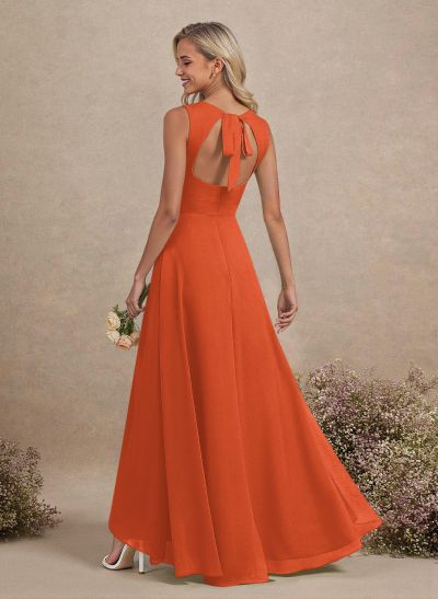 Scoop Neck A-Line Asymmetrical Length Chiffon Bridesmaid Dresses With Bow(s)