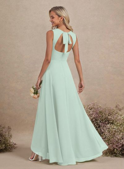 Scoop Neck A-Line Asymmetrical Length Chiffon Bridesmaid Dresses With Bow(s)