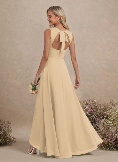 Scoop Neck A-Line Asymmetrical Length Chiffon Bridesmaid Dresses With Bow(s)