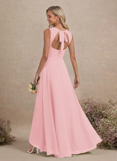 Scoop Neck A-Line Asymmetrical Length Chiffon Bridesmaid Dresses With Bow(s)