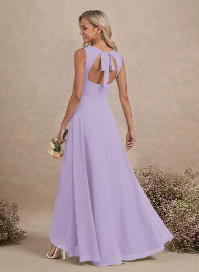 Scoop Neck A-Line Asymmetrical Length Chiffon Bridesmaid Dresses With Bow(s)