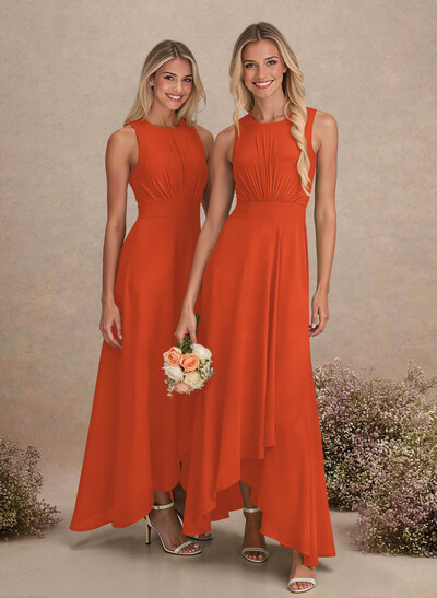 Scoop Neck A-Line Asymmetrical Length Chiffon Bridesmaid Dresses With Bow(s)