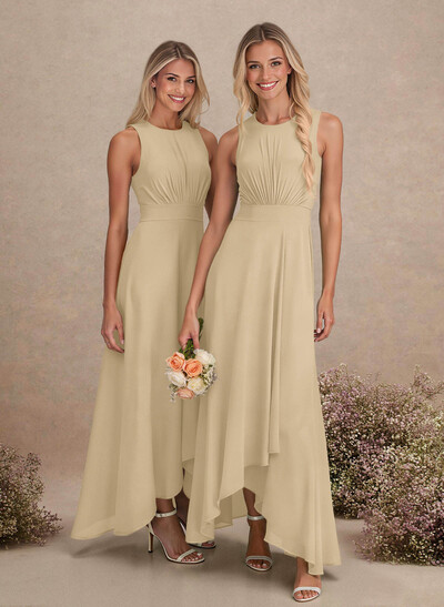 Scoop Neck A-Line Asymmetrical Length Chiffon Bridesmaid Dresses With Bow(s)