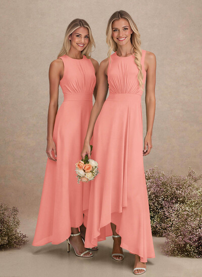 Scoop Neck A-Line Asymmetrical Length Chiffon Bridesmaid Dresses With Bow(s)
