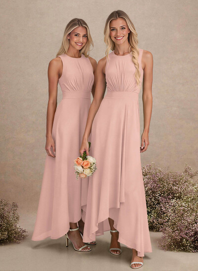 Scoop Neck A-Line Asymmetrical Length Chiffon Bridesmaid Dresses With Bow(s)