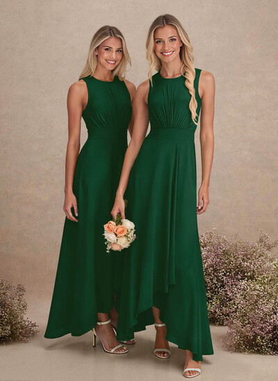 Scoop Neck A-Line Asymmetrical Length Chiffon Bridesmaid Dresses With Bow(s)