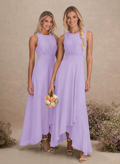 Scoop Neck A-Line Asymmetrical Length Chiffon Bridesmaid Dresses With Bow(s)