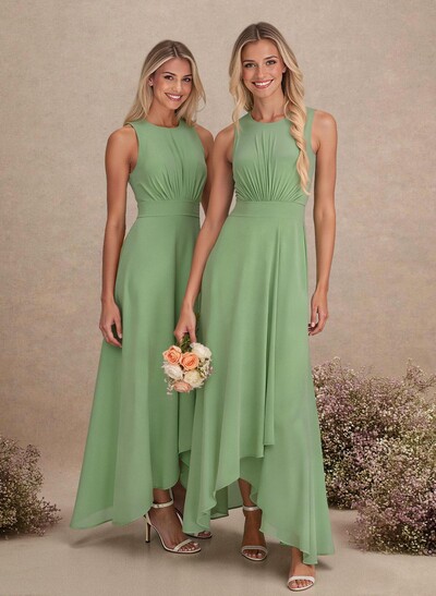 Scoop Neck A-Line Asymmetrical Length Chiffon Bridesmaid Dresses With Bow(s)
