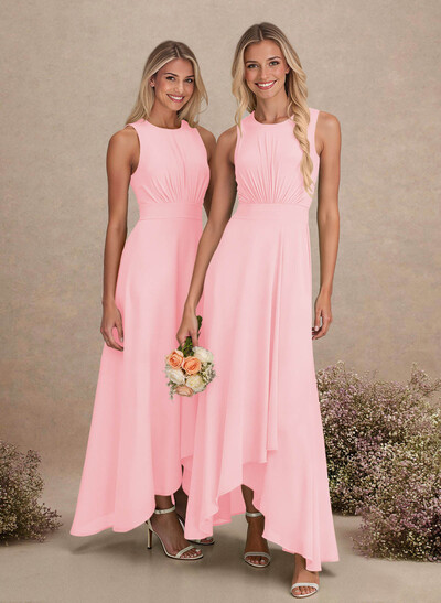 Scoop Neck A-Line Asymmetrical Length Chiffon Bridesmaid Dresses With Bow(s)