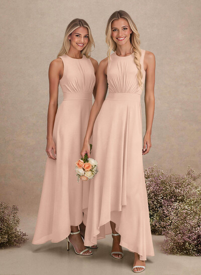Scoop Neck A-Line Asymmetrical Length Chiffon Bridesmaid Dresses With Bow(s)