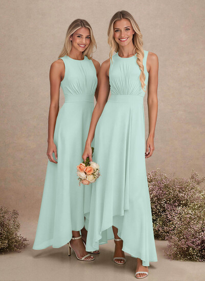 Scoop Neck A-Line Asymmetrical Length Chiffon Bridesmaid Dresses With Bow(s)