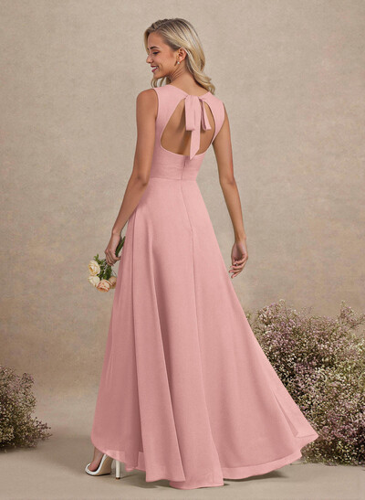 Scoop Neck A-Line Asymmetrical Length Chiffon Bridesmaid Dresses With Bow(s)