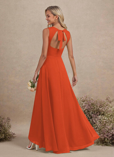 Scoop Neck A-Line Asymmetrical Length Chiffon Bridesmaid Dresses With Bow(s)