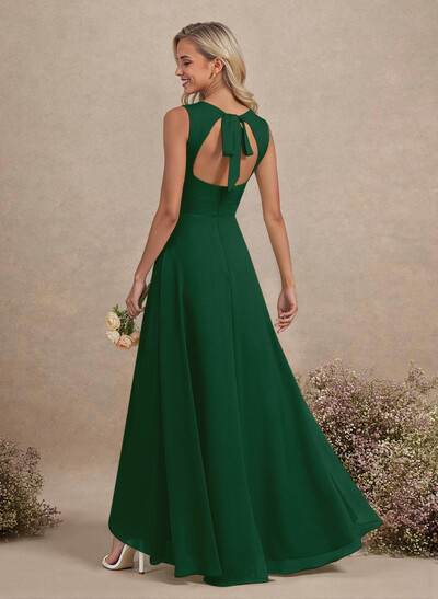 Scoop Neck A-Line Asymmetrical Length Chiffon Bridesmaid Dresses With Bow(s)