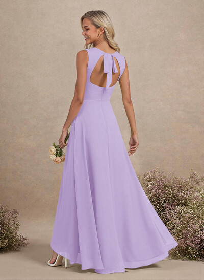 Scoop Neck A-Line Asymmetrical Length Chiffon Bridesmaid Dresses With Bow(s)