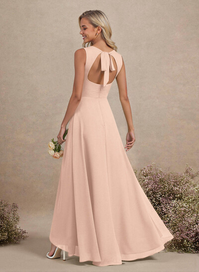 Scoop Neck A-Line Asymmetrical Length Chiffon Bridesmaid Dresses With Bow(s)