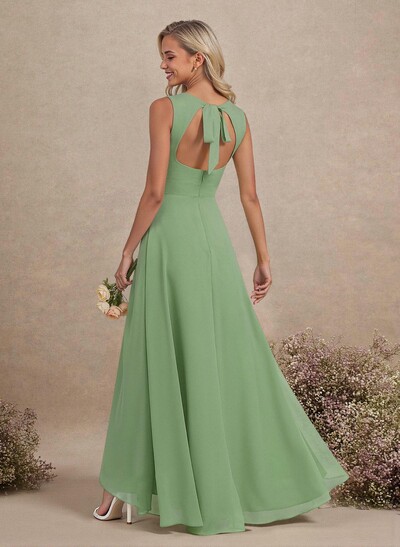 Scoop Neck A-Line Asymmetrical Length Chiffon Bridesmaid Dresses With Bow(s)
