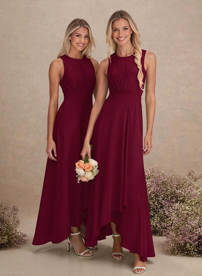 Scoop Neck A-Line Asymmetrical Length Chiffon Bridesmaid Dresses With Bow(s)