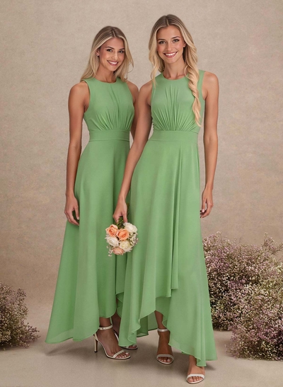 Scoop Neck A-Line Asymmetrical Length Chiffon Bridesmaid Dresses With Bow(s)