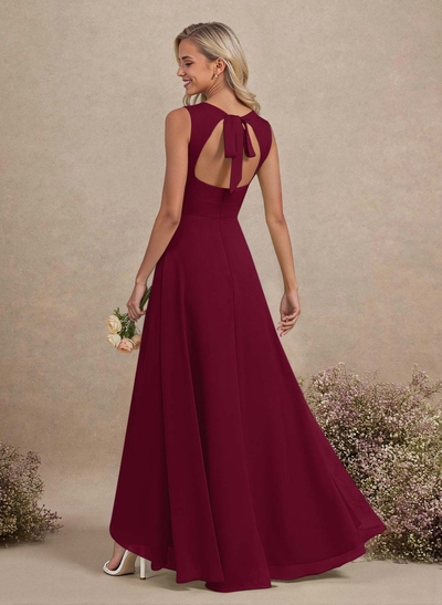 Scoop Neck A-Line Asymmetrical Length Chiffon Bridesmaid Dresses With Bow(s)