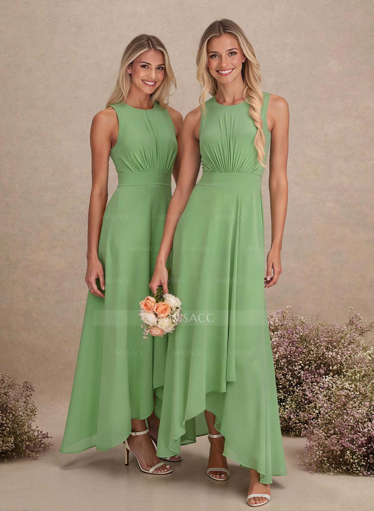 Scoop Neck A-Line Asymmetrical Length Chiffon Bridesmaid Dresses With Bow(s)