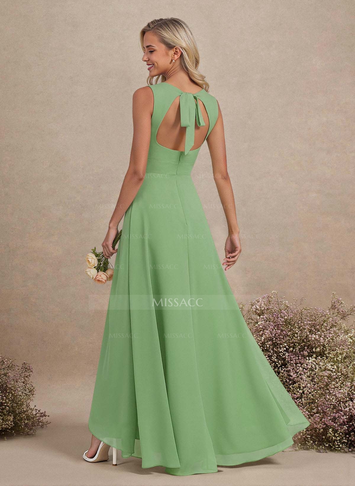 Scoop Neck A-Line Asymmetrical Length Chiffon Bridesmaid Dresses With Bow(s)