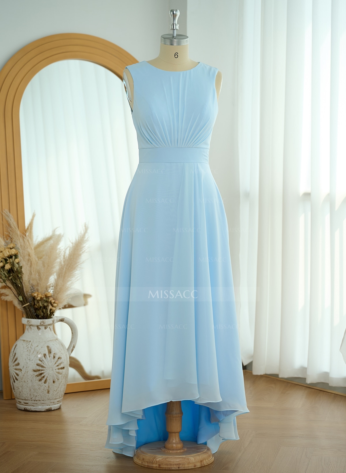 Scoop Neck A-Line Asymmetrical Length Chiffon Bridesmaid Dresses With Bow(s)