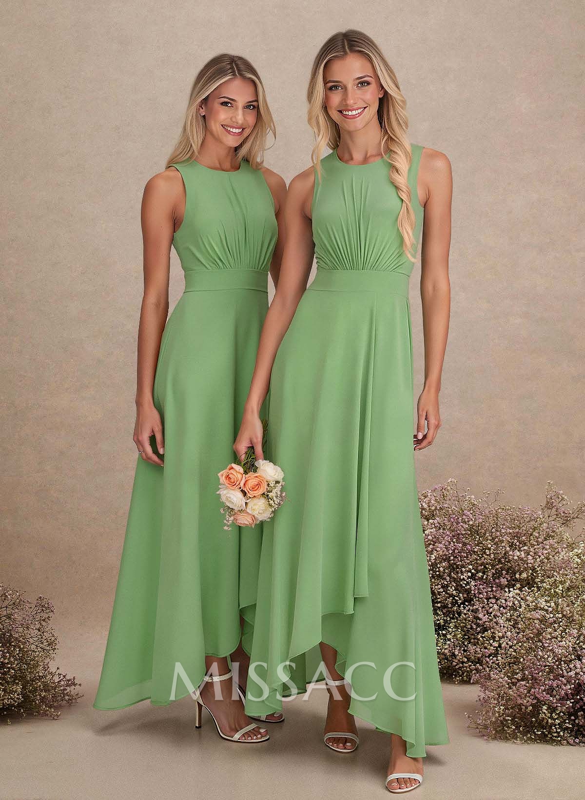 Scoop Neck A-Line Asymmetrical Length Chiffon Bridesmaid Dresses With Bow(s) Scoop Neck A-Line Asymmetrical Length Chiffon Bridesmaid Dresses With Bow(s)