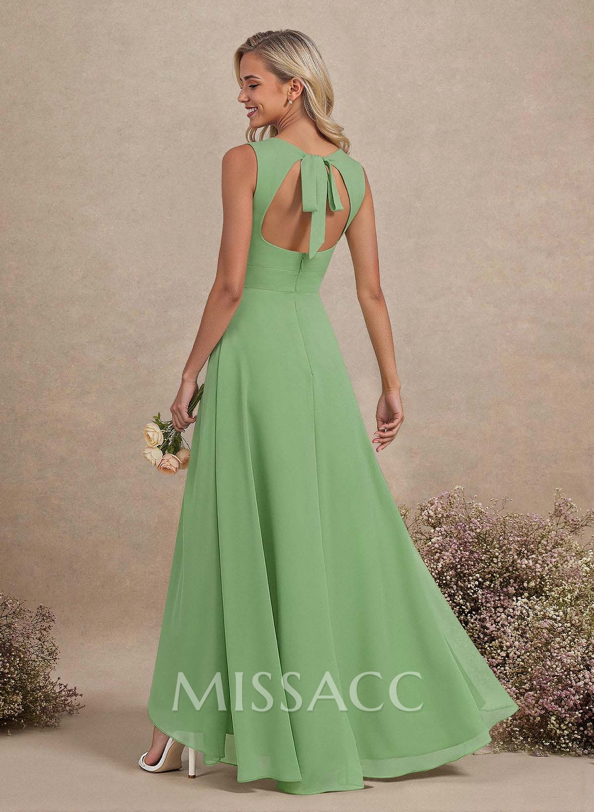 Scoop Neck A-Line Asymmetrical Length Chiffon Bridesmaid Dresses With Bow(s) Scoop Neck A-Line Asymmetrical Length Chiffon Bridesmaid Dresses With Bow(s)