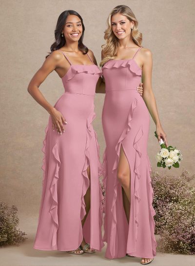 Unique Ruffle Square Neckline Floor-Length Chiffon Bridesmaid Dresses With High Split