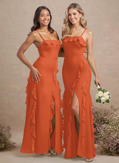 Unique Ruffle Square Neckline Floor-Length Chiffon Bridesmaid Dresses With High Split