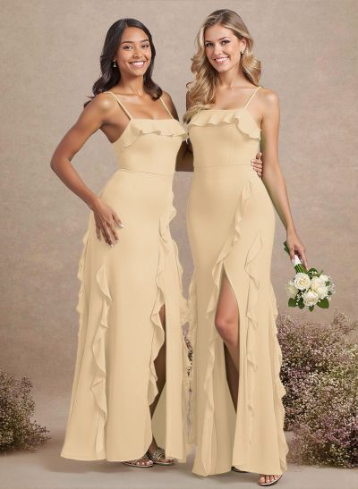 Unique Ruffle Square Neckline Floor-Length Chiffon Bridesmaid Dresses With High Split