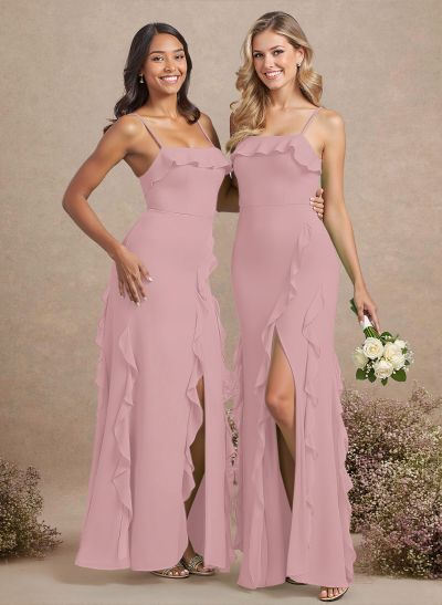 Unique Ruffle Square Neckline Floor-Length Chiffon Bridesmaid Dresses With High Split