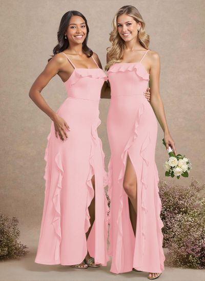 Unique Ruffle Square Neckline Floor-Length Chiffon Bridesmaid Dresses With High Split