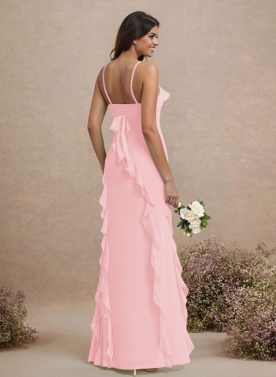 Unique Ruffle Square Neckline Floor-Length Chiffon Bridesmaid Dresses With High Split