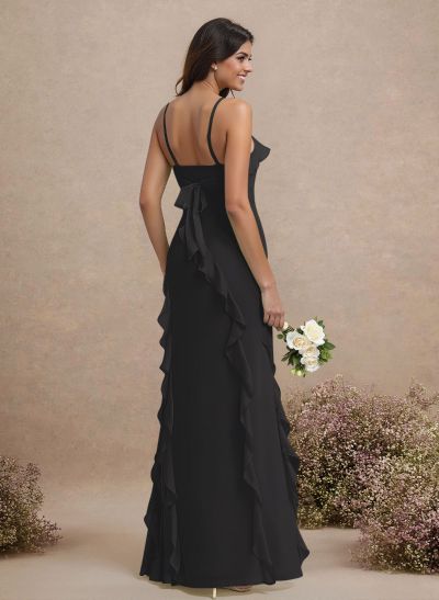 Unique Ruffle Square Neckline Floor-Length Chiffon Bridesmaid Dresses With High Split
