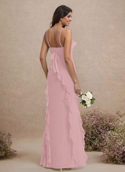 Unique Ruffle Square Neckline Floor-Length Chiffon Bridesmaid Dresses With High Split