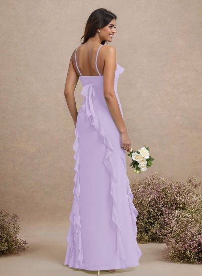 Unique Ruffle Square Neckline Floor-Length Chiffon Bridesmaid Dresses With High Split