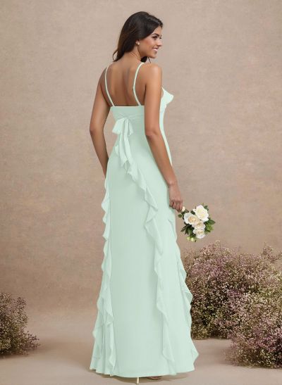 Unique Ruffle Square Neckline Floor-Length Chiffon Bridesmaid Dresses With High Split