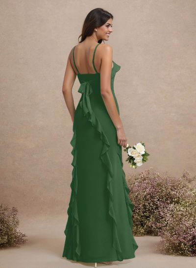 Unique Ruffle Square Neckline Floor-Length Chiffon Bridesmaid Dresses With High Split