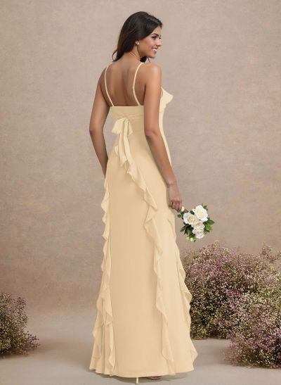 Unique Ruffle Square Neckline Floor-Length Chiffon Bridesmaid Dresses With High Split