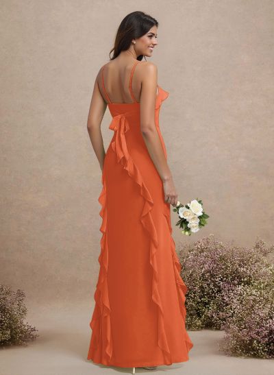 Unique Ruffle Square Neckline Floor-Length Chiffon Bridesmaid Dresses With High Split
